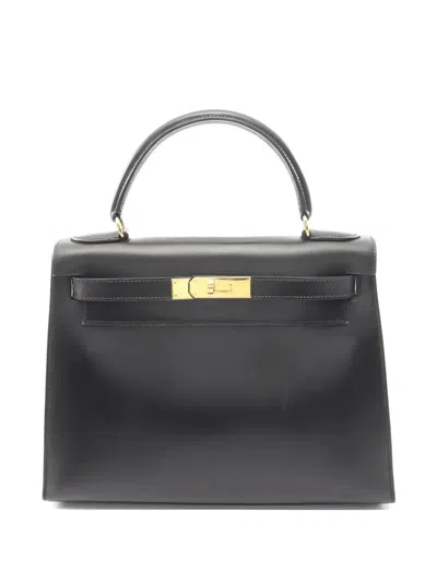 Pre-owned Hermes 1996 Gold-tone Hardware Leather Handbag In Black