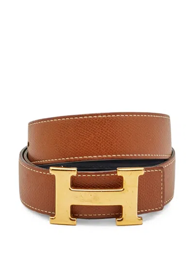 Pre-owned Hermes 1996 H Reversible Leather Belt In Brown
