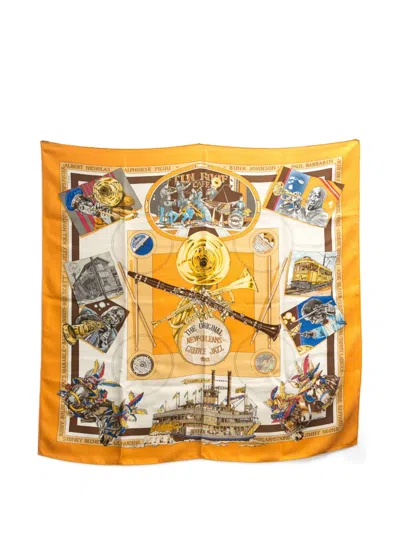 Pre-owned Hermes 1996 New Orleans Creole Jazz 1923 Silk Scarf In Orange