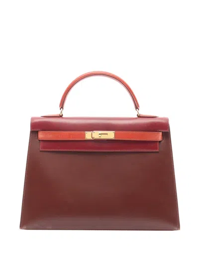 Pre-owned Hermes 1996 Tricolor Box Calf Kelly Sellier 32 Satchel In Red
