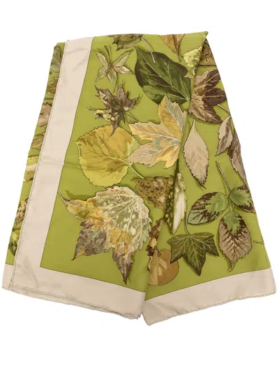 Pre-owned Hermes 1996-2004 Tourbillon Autumn Leaves Silk Scarf 90 Scarves In Green