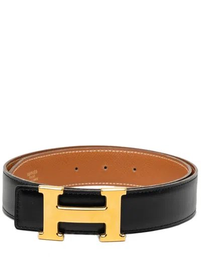 Pre-owned Hermes 1997 Box Calf And Courchevel Constance H Reversible Belt In Black