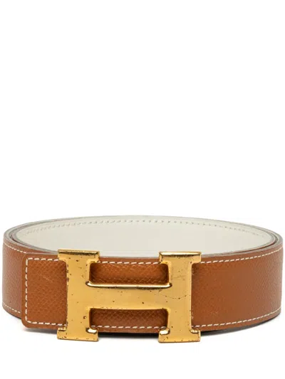 Pre-owned Hermes 1997 Courchevel Constance H Reversible Belt In Brown