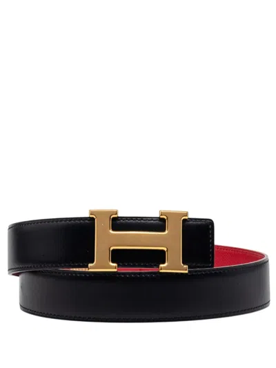 Pre-owned Hermes 1997 Epsom And Box Calf Constance H Reversible Belt In Black