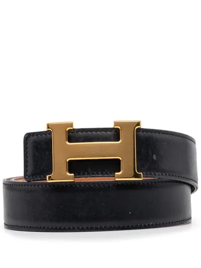 Pre-owned Hermes 1998 Box Calf And Courchevel Constance H Reversible Belt In Black