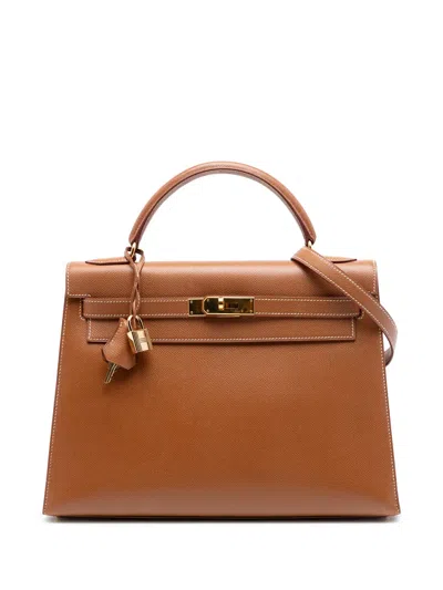 Pre-owned Hermes 1998 Courchevel Kelly Sellier 32 Satchel In Brown