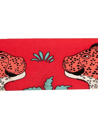 Pre-owned Hermes 1999-2007 Les Leopards Silk Twilly Scarf Scarves In Red
