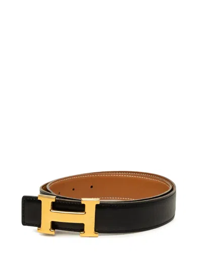 Pre-owned Hermes 1999 Box Calf And Courchevel Constance H Reversible Belt In 黑色