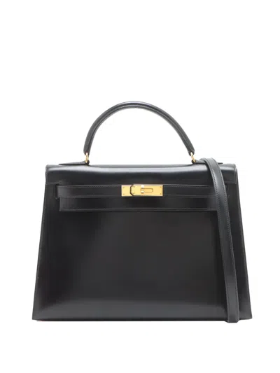 Pre-owned Hermes 1999 Box Calf Kelly Sellier 32 Satchel In Black