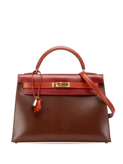 Pre-owned Hermes 1999 Tricolor Box Calf Kelly Sellier 32 Satchel In Red