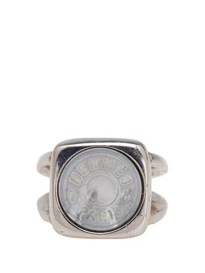 Pre-owned Hermes 2000-2010 Silver Plated Bijouterie Fantaisie Corozo Ring Costume Ring