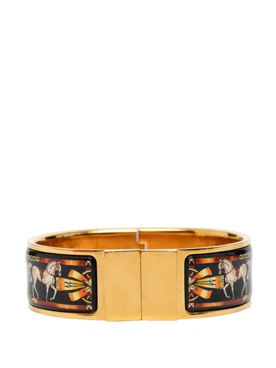 Pre-owned Hermes 2000-2010 Wide Enamel Horse Loquet Bracelet Pm Costume Bracelet In Black