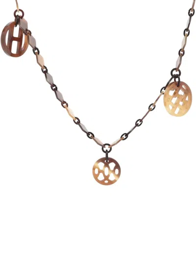 Pre-owned Hermes 2000-2015 Square-chain Logo-pendant Necklace In Brown