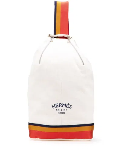 Pre-owned Hermes 2000-2015 Toile Chevron Cavalier Sling Bag Backpack In White