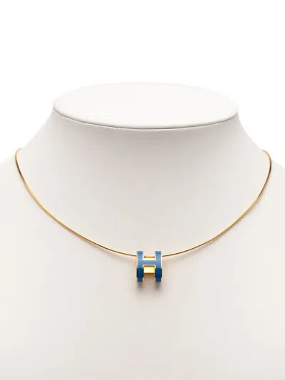 Pre-owned Hermes 2000-2020 Gold Plated Enamel Pop H Pendant Necklace Costume Necklace In Blue