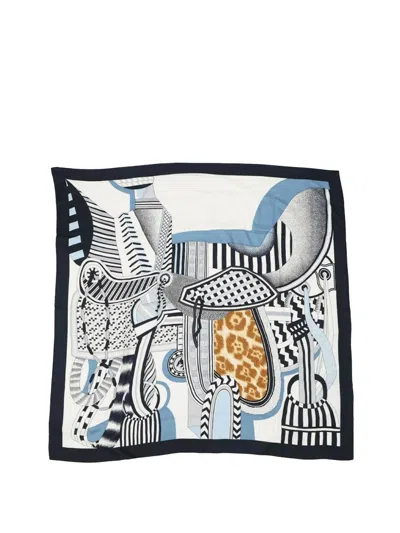 Pre-owned Hermes 2000-2020 La Selle Imaginaire Cashmere Silk Shawl 140 Scarves In Black