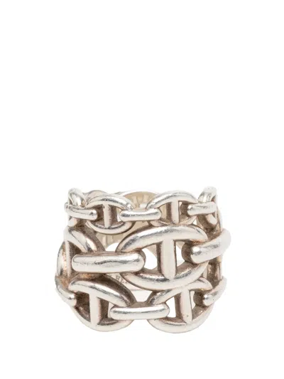Pre-owned Hermes 2000-2020 Large Sterling Silver Chaine D'ancre Enchainee Ring