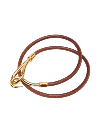 Pre-owned Hermes 2000-2020 Leather And Gold Plated Jumbo Hook Double Tour Bracelet Costume Bracelet In Brown