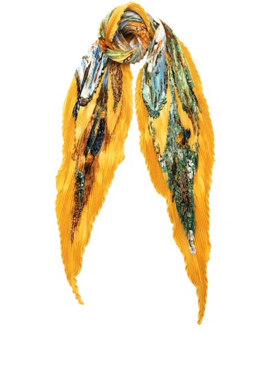 Pre-owned Hermes 2000-2020 Les Quatre Saisons Pleated Silk Scarf Scarves In Yellow