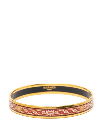 Pre-owned Hermes 2000-2020 Narrow Mosaic Style Geometric Pattern Enamel Bangle 65 Costume Bracelet In Gold