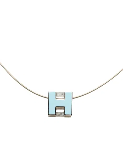 Pre-owned Hermes 2000-2020 Palladium Plated Enamel Cage D H Pendant Necklace Costume Necklace In Blue