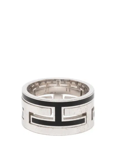 Pre-owned Hermes 2000-2020 Sterling Silver And Enamel Move H Ring In Black