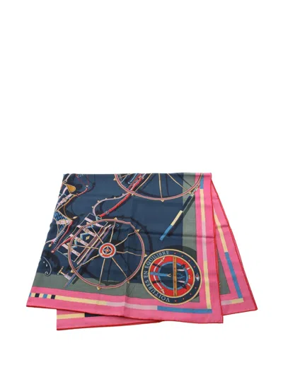 Pre-owned Hermes 2000-2020 Voitures En Equilibre Cashmere Silk Shawl 140 Scarves In Blue