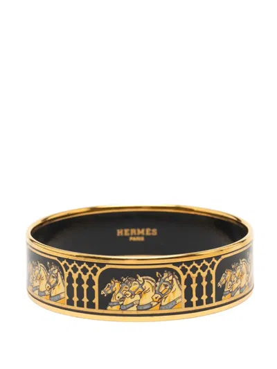 Pre-owned Hermes 2000-2020 Wide Grand Apparat Enamel Bangle 65 Costume Bracelet In Black
