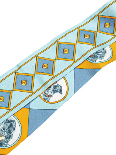 Pre-owned Hermes 2000-2024 Colliers Et Chiens Forever Silk Twilly Scarf Scarves In Blue