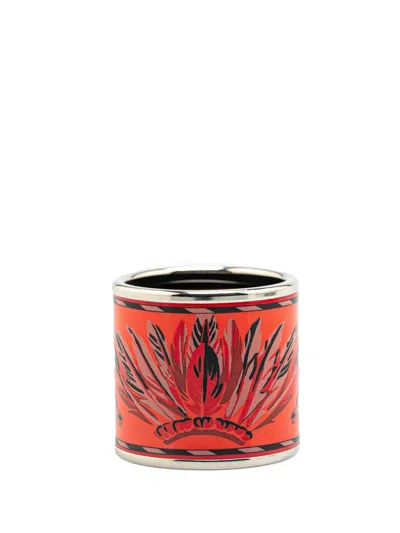 Pre-owned Hermes 2000-2024 Enamel And Palladium Plated Brazil Feather Ring Scarf Rings In Orange
