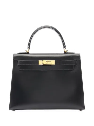 Pre-owned Hermes 2000-2025 Box Calf Kelly Ii Sellier 28 Handbag In Black