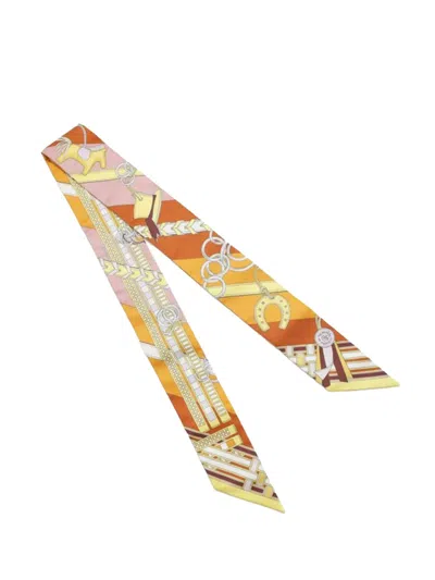Pre-owned Hermes 2000-2025 Brides Et Gris-gris Silk Twilly Scarf Scarves In Orange