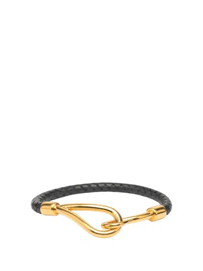 Pre-owned Hermes 2000-2025 Gold Plated And Braided Leather Jumbo Hook Bracelet Costume Bracelet In Black