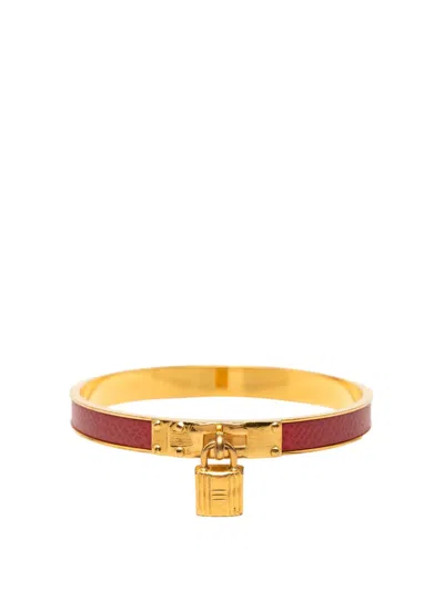 Pre-owned Hermes 2000-2025 Gold Plated Epsom Kelly Cadena Lock Bangle Bracelet Costume Bracelet In Red