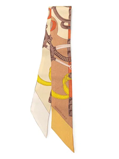 Pre-owned Hermes 2000-2025 Grand Apparat Silk Twilly Scarf Scarves In Brown
