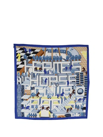 Pre-owned Hermes 2000-2025 Horse Club Detail Silk Scarf 45 Scarves In Blue