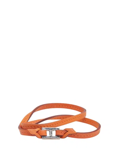 Pre-owned Hermes 2000-2025 Leather H Logo Double Tour Bracelet Costume Bracelet In Orange