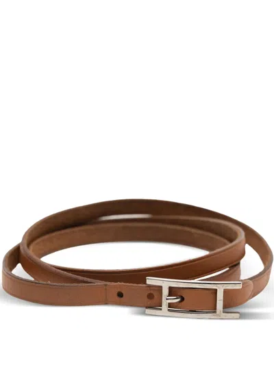 Pre-owned Hermes 2000-2025 Leather Hapi 3 Double Tour Bracelet Costume Bracelet In Brown