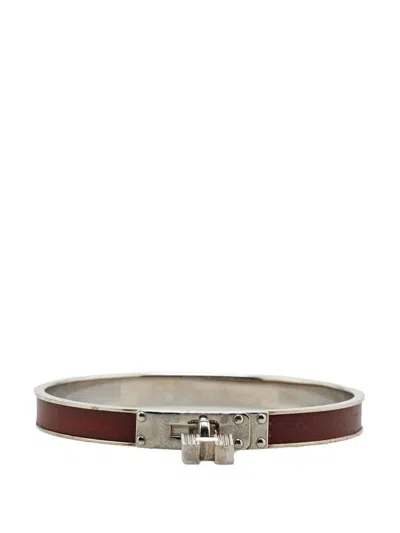 Pre-owned Hermes 2000-2025 Leather Kelly Cadena Lock Bangle Bracelet Costume Bracelet In Silver
