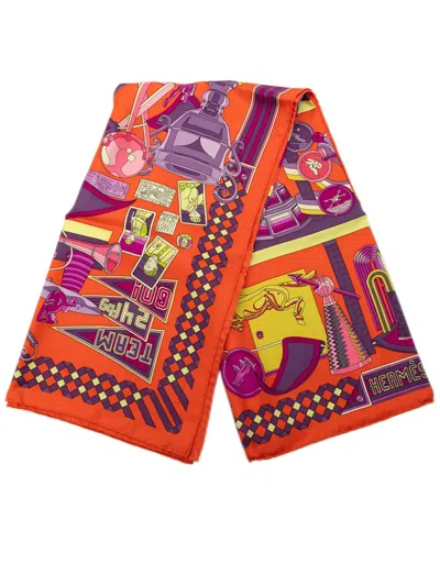Pre-owned Hermes 2000-2025 Les Trophee Silk Scarf 90 Scarves In Orange