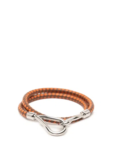 Pre-owned Hermes 2000-2025 Palladium Plated And Woven Leather Jumbo Hook Double Tour Bracelet Costume Bracelet In Brown