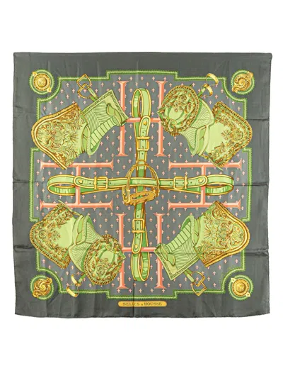 Pre-owned Hermes 2000-2025 Selles A Housse Silk Scarf Scarves In Green
