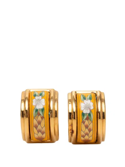 Pre-owned Hermes 2000-2026 Enamel Floral Cloisonne Clip On Earrings Costume Earrings In Gold