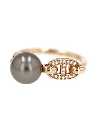 Pre-owned Hermes 2000's Albertine Diamond Cultured Pearl Pink Gold Ring