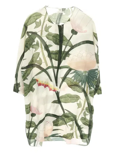 Pre-owned Hermes 2000 Botanical Collarless Blouse In Neutral