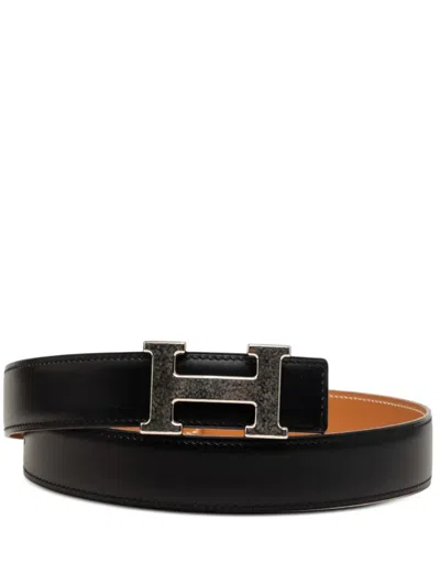 Pre-owned Hermes 2000 Box Calf Constance H Martelee Reversible Belt In Black