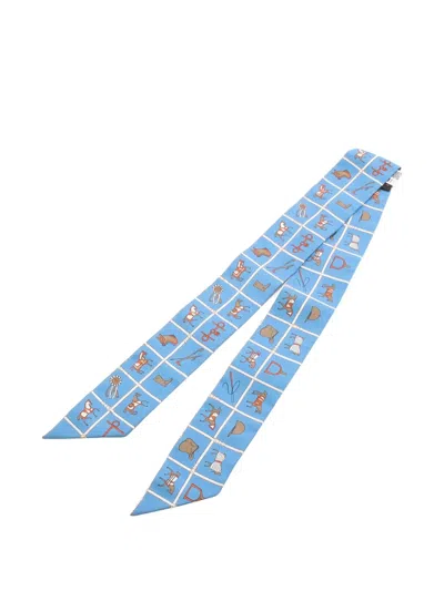 Pre-owned Hermes 2000 Printed Ribbon Scarf In Blue