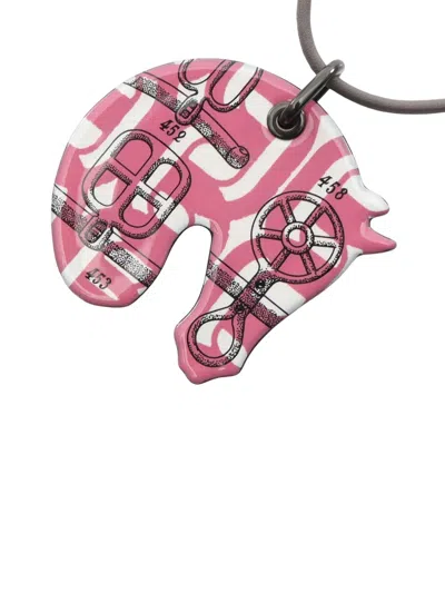 Pre-owned Hermes 2000-2010 Enamel And Leather Tattersall Pendant Necklace Pm Costume Necklace In Pink