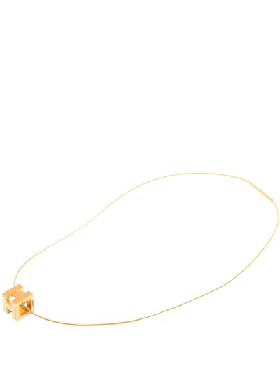 Pre-owned Hermes 2000-2010 Gold Plated Lacquered Cage D H Pendant Necklace Costume Necklace In Orange
