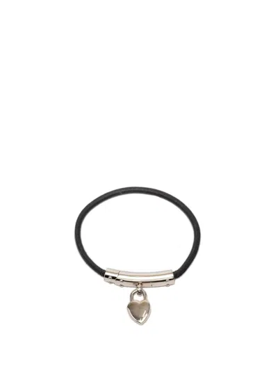 Pre-owned Hermes 2000-2010 Leather Cadena Heart Charm Bracelet Costume Bracelet In Black